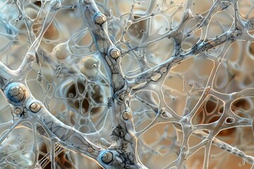 A high-magnification microscope view of a piece of bread mold, revealing the intricate network of hyphae and spores. The detailed image showcases the fascinating world of fungi.