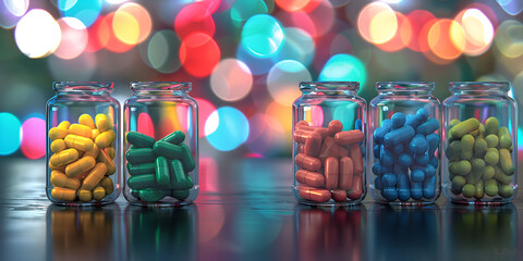 A row of glass jars of candy with the word m & m on the bottom.
