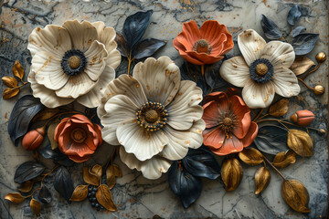 panel wall art, wall decoration, marble background with flowers designs