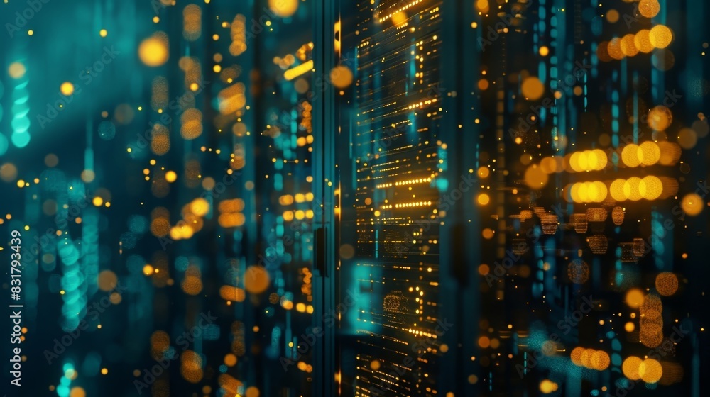 Poster an illuminated futuristic building housing the ai and blockchain servers of a leading financial inst