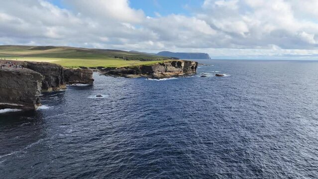 Aerial View of Yesnaby Vista Point, Coastline of Scotland UK, Drone Shot 60fps