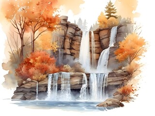 Autumn Waterfall Landscape Nature Watercolor Art
