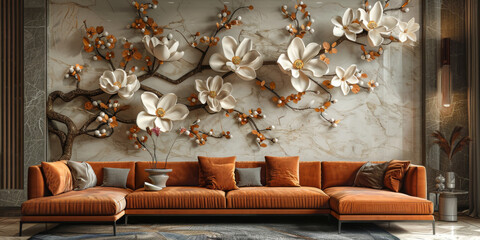 panel wall art, wall decoration, marble background with flowers designs