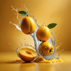 Fresh Lemons falling with water splash on isolated yellow background
