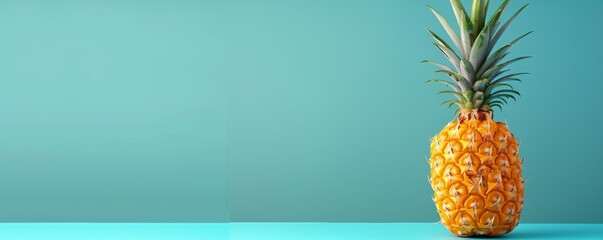 Pineapple on teal backdrop, minimalist studio photo for summer themes with text space and lighting