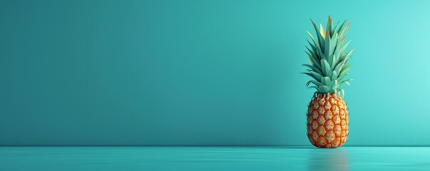 Pineapple showcased against teal backdrop, room for text, studio lit, minimalistic, epitomizing summer vibes