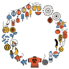 かわいい日本の夏のイラスト円形フレーム（カラフル）