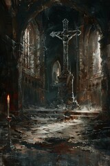 Ancient Cross in Dark Abandoned Cathedral
