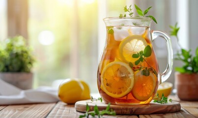 A pitcher of homemade iced tea filled with lemon wedges and fresh herbs. Perfect for cool drinks in the summer.