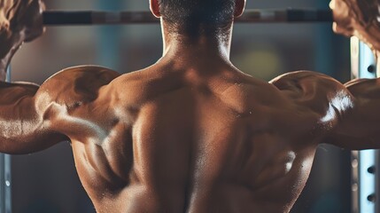 A close-up view of a person's back muscles during a pull-up exercise, showcasing the definition and strain in their muscles. The detail in the skin and the grip on the bar emphasize the intensity and