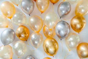 A cheerful celebration backdrop with golden and silver balloons floating against a pastel-colored background. The central area is clear and unobstructed, offering generous copy space for event