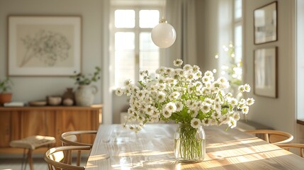 A Danish dining room featuring a vintage aesthetic with wooden furniture and decor, illuminated by natural light streaming through a window, creating a warm and inviting atmosphere