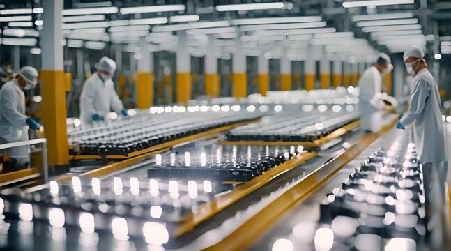 High-tech electric vehicle battery cell assembly line. Featuring advanced and precise machinery in a modern factory