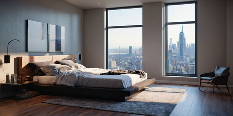 A modern, minimalist bedroom with a platform bed, a simple nightstand, and a large window with a city view.