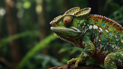 Fototapeta premium portrait of a beautiful green and colorful iguana relaxing on a tree trunk with a blurred background