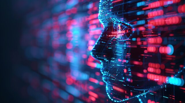 Abstract image of human face silhouette in digital matrix with blue and pink data code. Futuristic concept of artificial intelligence and technology.