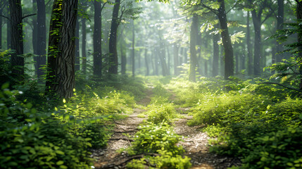 Obraz premium Misty forest path with lush vegetation and sunlight filtering through the trees, creating a peaceful and enchanting atmosphere.