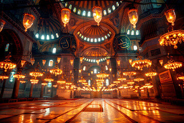 Obraz premium Ornate interior of a grand mosque with intricate chandeliers and beautiful architectural details, creating a divine ambiance.