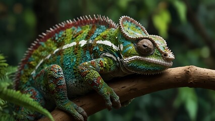 Fototapeta premium portrait of a beautiful green and colorful iguana relaxing on a tree trunk with a blurred background