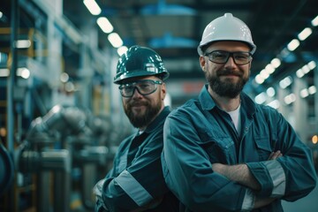 Two middle-aged male professionals smiling confidently while standing in a warehouse with arms crossed