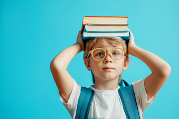 Young boy with glasses and backpack balancing books on his head, posing against a bright blue background.