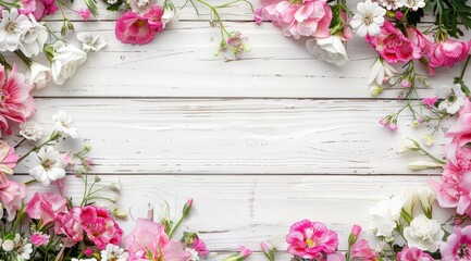 Assorted colorful flowers artistically arranged on rustic white wooden background