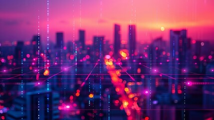 Futuristic cityscape with neon lights and digital overlay, showcasing a modern urban environment and technological advancement.