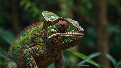 Obraz premium portrait of a beautiful green and colorful iguana relaxing on a tree trunk with a blurred background