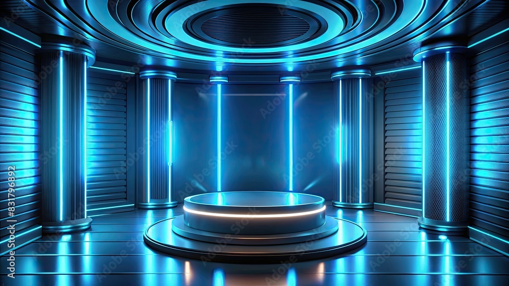 Sticker Elegant futuristic room with blue neon columns and round platform.