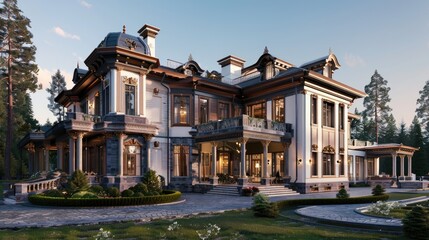 Obraz premium Luxurious mansion exterior with elegant architecture and landscaping