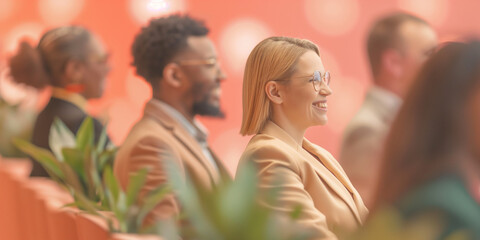 a group of people sitting in a row at a conference
 