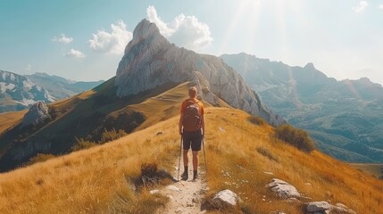 Obraz premium Adventurous couple embracing each other while exploring the majestic mountain scenery