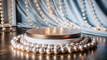 Elegant Pearls on a Circular Display with Draped Fabric