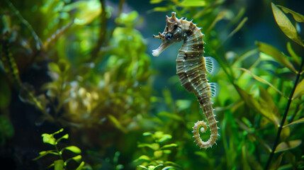 A female Seahorse fish, with a slender body and characteristic seahorse features, floats gracefully in a serene aquarium, Ai Generated Images