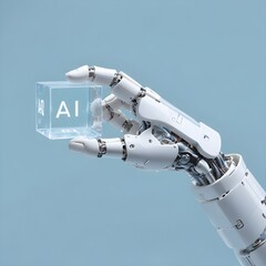 A white robotic hand holding a transparent cube with the letter 'AI' printed on it, against a light blue background