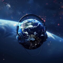 the planet earth, in space, it's wearing headphones