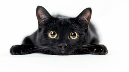 a black fluffy cat with yellow eyes on a white background lies on the floor looking at the camera