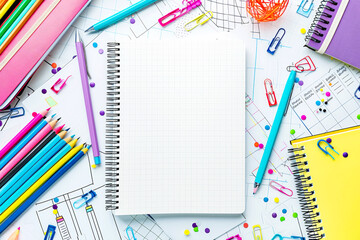 Colorful school supplies arranged around an open notebook.