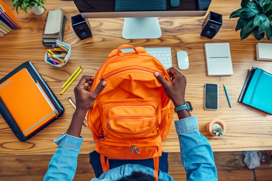 Student packing an orange backpack at a desk filled with school supplies and a computer, preparing for school.