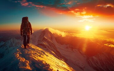 Naklejka premium 8K high resolution image of a mountain climber scaling a rock, breathtaking mountain backdrop, crisp details, vibrant colors