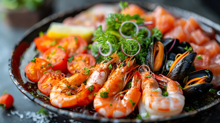 Fresh grilled shrimp with vegetables in salad with ingredients and spices hot ready to serve and eat food advertisement menu with copy space area - Generated by Generative AI
