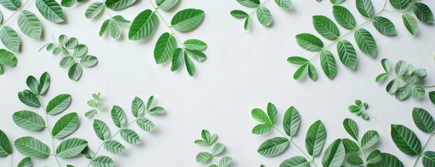 Green leaves arranged on a white background, creating a fresh and natural backdrop.