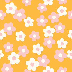 Groovy flower power seamless pattern. Retro, hippie vector floral all over surface print. Nostalgic 60s and 70s retro background.