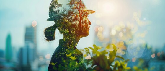 sustainable vision engineer, planning renewable energy city, ESG principles, close up, lively hues, Double exposure silhouette with nature elements