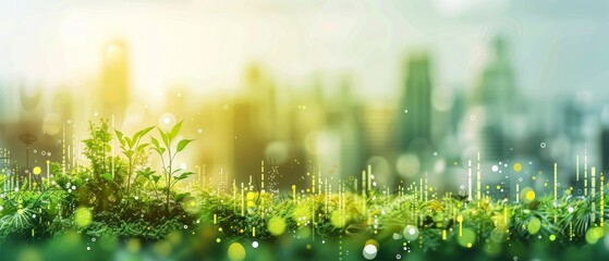 sustainable urban living, green rooftops and buildings, city view, copy space, vibrant palette, Double exposure silhouette with growth symbols