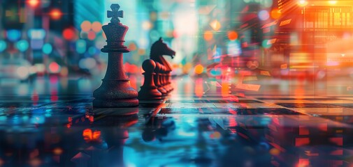 strategic planning in business, chess game, modern boardroom, close up, vibrant palette, Double exposure silhouette with roadmap symbols - Powered by Adobe