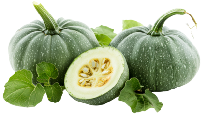 Two green pumpkins with one cut open showing seeds and green leaves on a white background