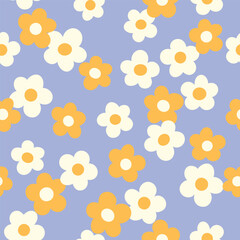 Groovy flower power seamless pattern. Retro, hippie vector floral all over surface print. Nostalgic 60s and 70s retro background.