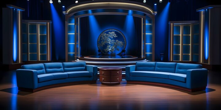 TV studio set being prepared for talk show variety program. Concept TV Studio, Set Design, Talk Show, Variety Program, Preparations