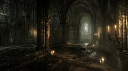 Obraz premium A dark, atmospheric scene of an old, gothic-style cathedral interior, illuminated by a few flickering candles.